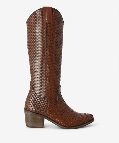 Toffee leather knee high boots by Quait. Has an inner zip fastening and features an intricately woven leather design with a chunky block heel and a pointy toe.