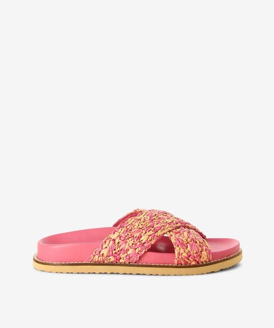 Pink weave slides by Inuovo. Is a slip-on style and features a crossed weave upper, moulded footbed and a round toe.