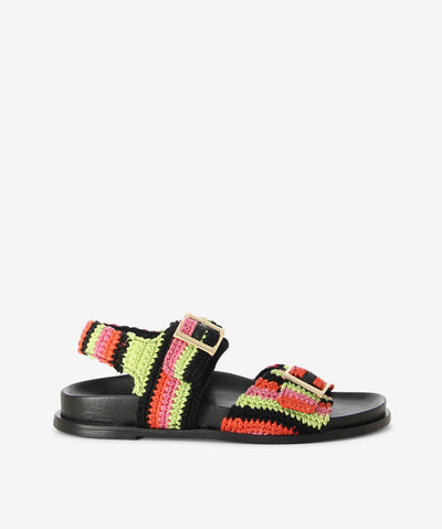 Black multi woven sandals by Inuovo. It has an ankle and upper pin buckle strap fastening and features a moulded footbed and a round toe.