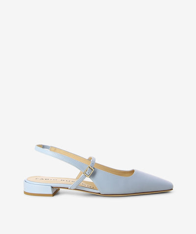 Light blue leather slingback mule by Fabio Rusconi. It features an adjustable buckle strap, stacked leather heel, and a tapered square toe.