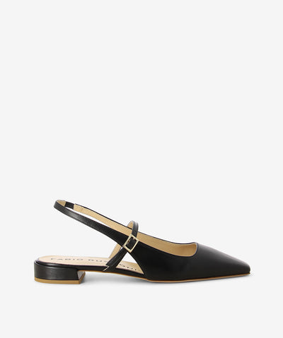 Black leather slingback mule by Fabio Rusconi. It features an adjustable buckle strap, stacked leather heel, and a tapered square toe.