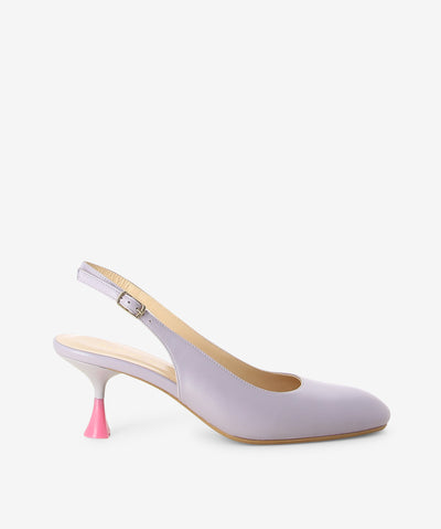 Lilac leather heeled sandals by Sempre Di. It has a slingback strap and features a pink contrast kitten heel and an enclosed round toe.