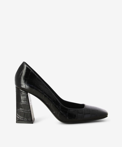 Black croc leather court shoes by Sempre Di. It is a slip on style and features a block heel and a square toe.