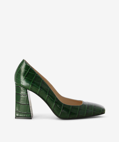 Green croc leather court shoes by Sempre Di. It is a slip on style and features a block heel and a square toe.