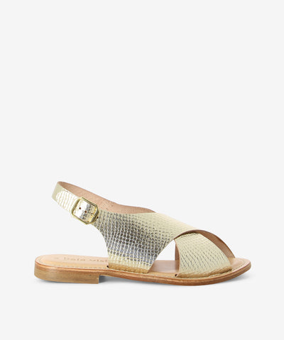 Gold snakeskin embossed leather sandals with a slingback buckle fastening and features a crossover upper, low stacked heel and a round toe.