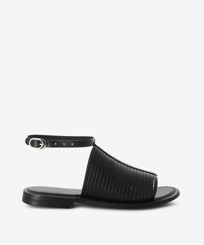 Black leather sandals with an ankle strap fastening and featuring a multi-strap upper, low stacked heel and a round toe.