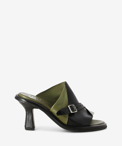Black and green leather mules by Sempre Di by A.S.9.8. It has a folded leather upper and features a functioning buckle across its width, a refined heel, and a round toe.