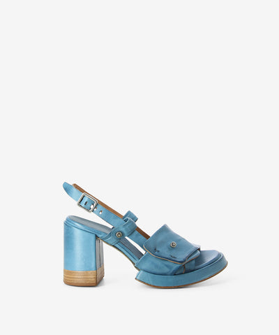 Blue leather heeled sandals by Sempre Di by A.S.9.8. It has a slingback strap with buckles and features a platform midsole, partially stacked wooden heel and a round toe.