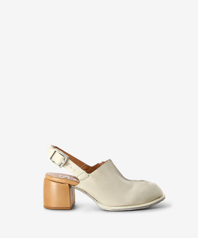 Bone leather heeled sandals by Sempre Di by A.S.9.8. It has a slingback strap with a high coverage enclosed upped and features a split toe exposed stitch, a block heel, and a round toe.