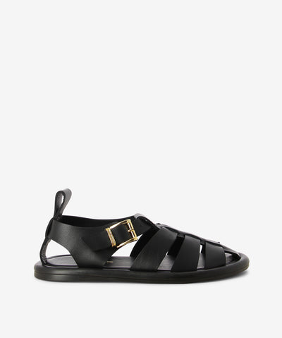 Black leather fisherman sandals by Zomp. It has an ankle strap fastening and features a pull tab, interwoven upper and a round toe.