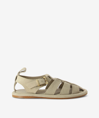 Grey suede fisherman sandals by Zomp. It has an ankle strap fastening and features a pull tab, interwoven upper and a round toe.