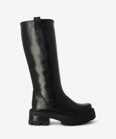 Black leather knee-high boots with a slip-on style and features a pull-tab, chunky platform tread sole and round toe.