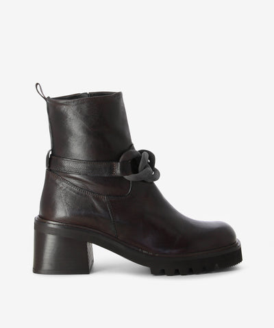 Dark brown leather ankle boots with an inner zip fastening and features a pull-tab, chained-link with a chunky block heel and a soft square toe.