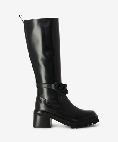 Black leather knee high boots with an inner zip fastening and features a pull-tab, chained-link upper with a chunky block heel and a soft square toe.