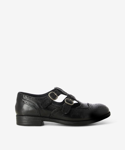 Black leather mary-jane loafer by Officine Creative. It has 2 adjustable pin-buckle straps, an embellished perforated finish, and a natural rubber sole. 