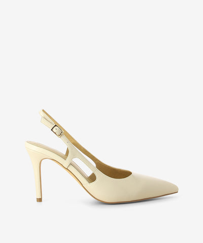 Off-white leather heels by Siren. It features a stiletto heel, slingback strap with adjustable pin-buckle fastening, and an enclosed pointed toe.
