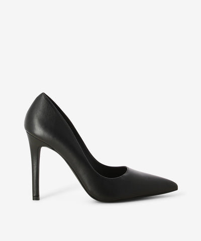 Black leather pumps by Siren. It is a slip on style and features a stiletto heel, and a pointed toe.