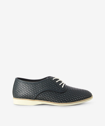Dark navy and silver leather derby shoes by Rollie. It has a lace-up fastening and features a perforated layered upper, low contrast sole and an almond toe.