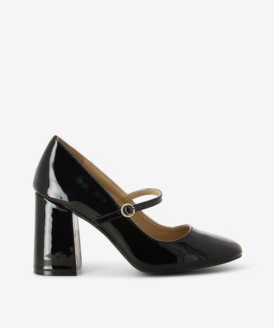 Black patent leather Mary Jane heels by Siren. It features a block heel, adjustable pin-buckle strap, and a round toe.