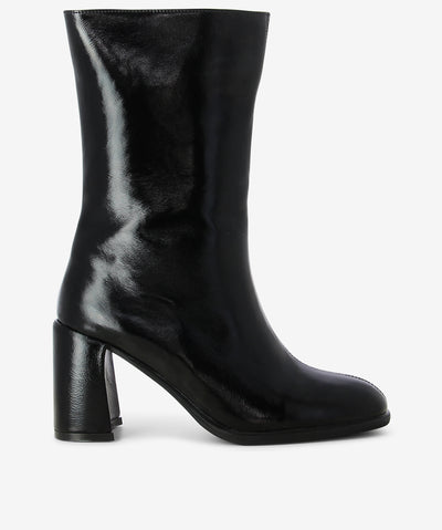 Black patent leather boots by S Sempre Di. It features a side zip closure, block heel, and a round toe.