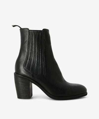 Black leather ankle boots with a pull-on style with leather-covered elastic side gussets and features a block heel and an almond toe.