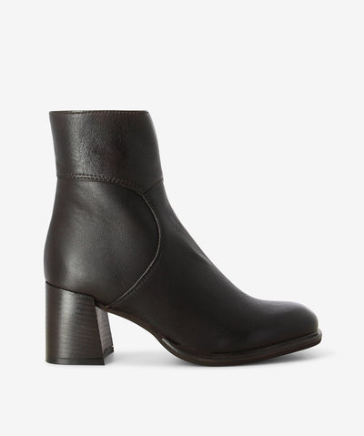Dark brown leather ankle boots by Sempre Di. It features a paneled upper with side zip closure, block heel, and a round toe.