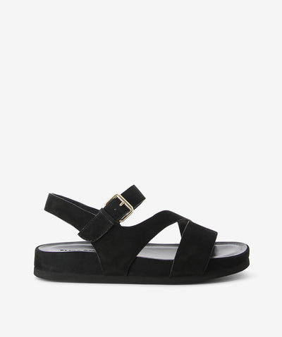 A black platform sandal by Elvio Zanon. It features 'Z' style straps with a buckle fastening, and a round toe.