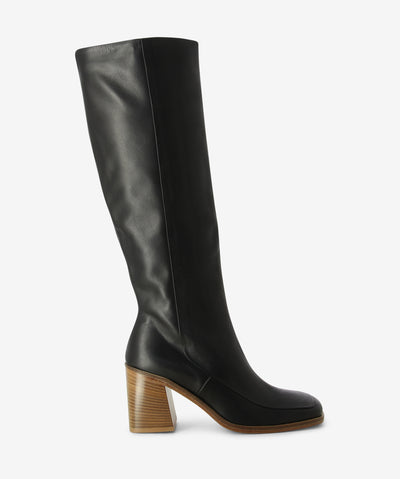 Black leather knee high boots with an inner zip fastening and features a layered heel and a soft square toe.