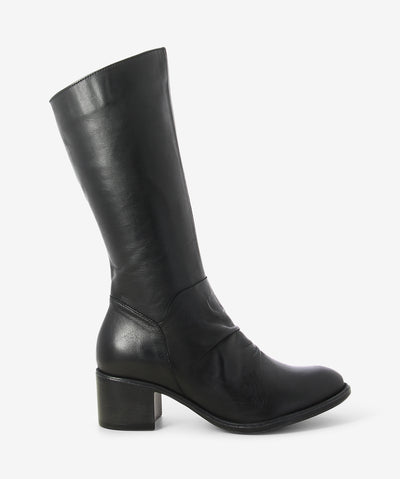 Black leather mid-calf boots by EOS. It features a block heel, gentle ruched upper, and a soft pointed toe.