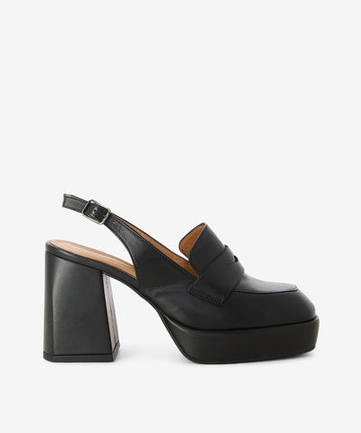 Black leather loafers by Epoche Xi. Is a slip-on style and features a pin ankle buckle with a high block heel, platform sole and a soft square toe.