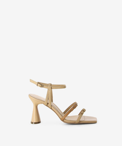Sand leather heels by Epoche Xi. It has an adjusted ankle sling back pin-buckle strap and features a double strap upper with an hourglass sandals and a soft square toe.