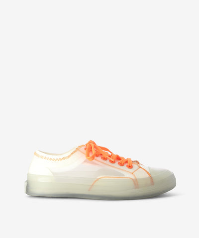 Semi-transparent accented sneaker by Martini Marco. It is a lace-up style and features contrasting stitch details, and a round toe.