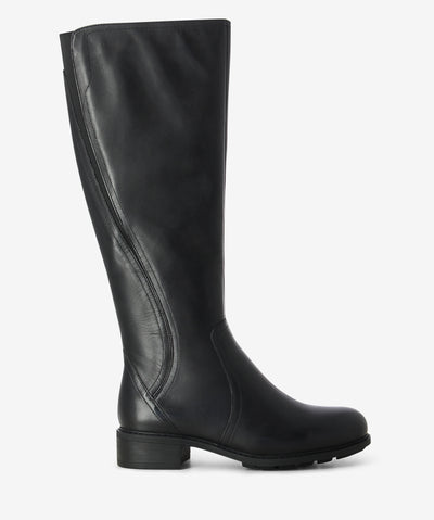 Black leather knee-high boots by 2 Baia Vista. It features a contoured elongated gusset, side zip, and a round toe.