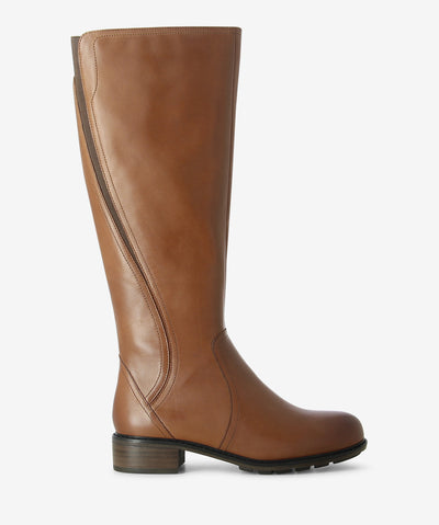 Brown leather knee-high boots by 2 Baia Vista. It features a contoured elongated gusset, side zip, and a round toe.