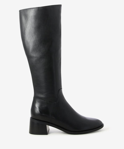 Black leather knee-high boots by EOS. It features a block heel, side zipper, and a soft pointed toe.