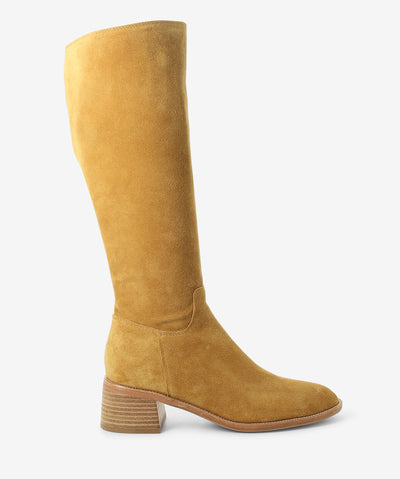 Camel suede knee-high boots by EOS. It features a block heel, side zipper, and a soft pointed toe.