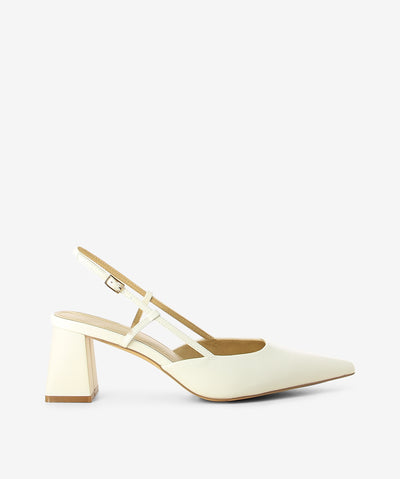 Off-white leather heels by Siren. It features a block heel, slingback strap with adjustable pin-buckle fastening, and an enclosed pointed toe.
