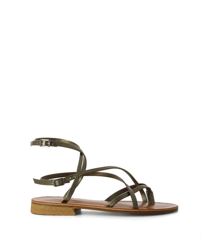 Gun metal leather flat Roman sandals featuring a double ankle strap with two buckle fastenings, a criss-cross strappy upper, and a round toe by Antichi Romani.