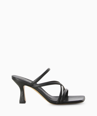 Black leather mules with a thin strappy upper, hourglass heel and a square toe.