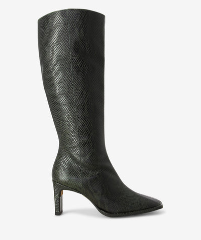 Green snakeskin embossed leather knee-high boots with a slender heel and a pointed square toe.