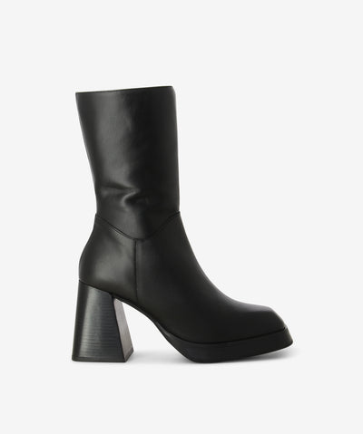 Black leather mid-calf boots featuring a platform sole, chunky block heel and a square toe.