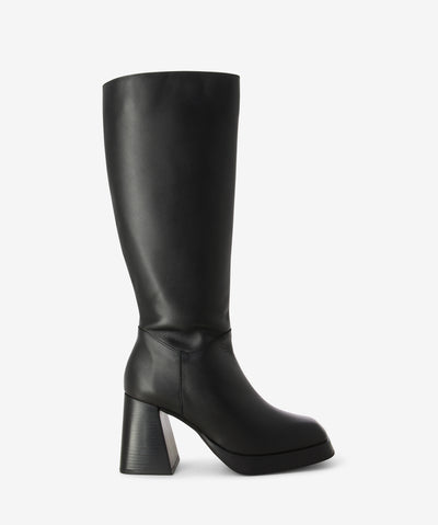 Black leather knee-high boots featuring a platform sole, chunky block heel and a square toe.