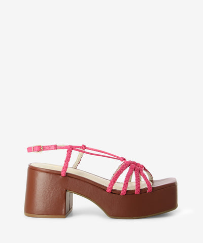 Pink leather platform sandals with an ankle strap fastening and featuring braided detailing and a square toe.