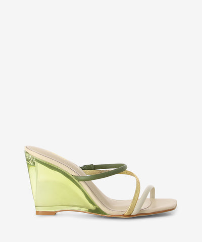 Olive leather wedges featuring a strappy upper, perspex wedge and a soft square toe.