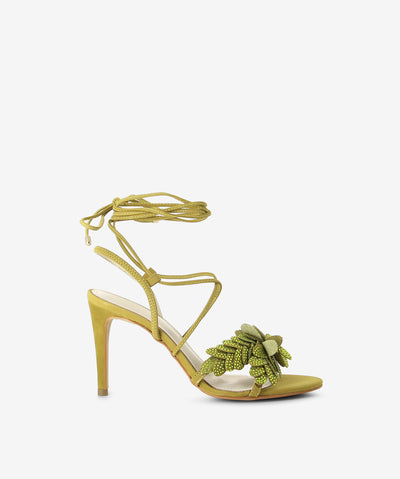 Olive nubuck leather heels with an ankle tie fastening and featuring petal detailing with diamantes, a stiletto heel and an almond toe.
