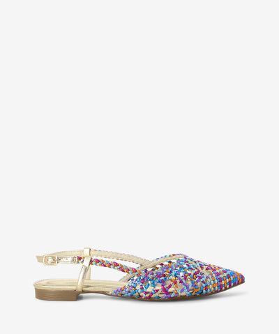 Multicolour leather sandals with a slingback strap and featuring an interwoven upper and a pointed toe.