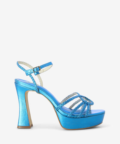 Metallic blue leather heels with an ankle strap fastening and featuring braided detailing, a platform sole and a round toe.