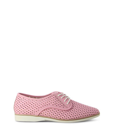 Pink leather derby shoes with a perforated upper and an almond toe by Rollie.