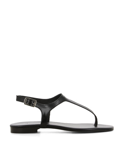 A chic and simple black leather sandal that has an ankle strap with a silver buckle fastening and features a short block heel and an open square toe by 2 Baia Visra