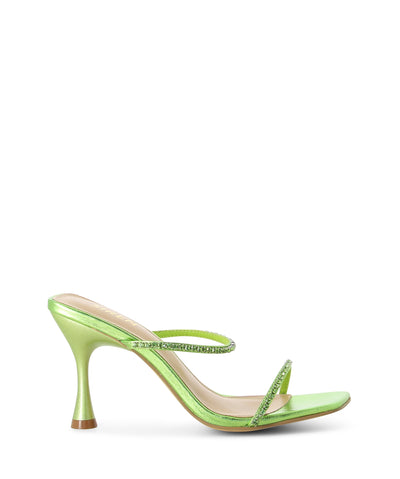 Green metallic leather strappy heeled sandals with two diamante lined straps, an hourglass heel and an open square toe by Siren.